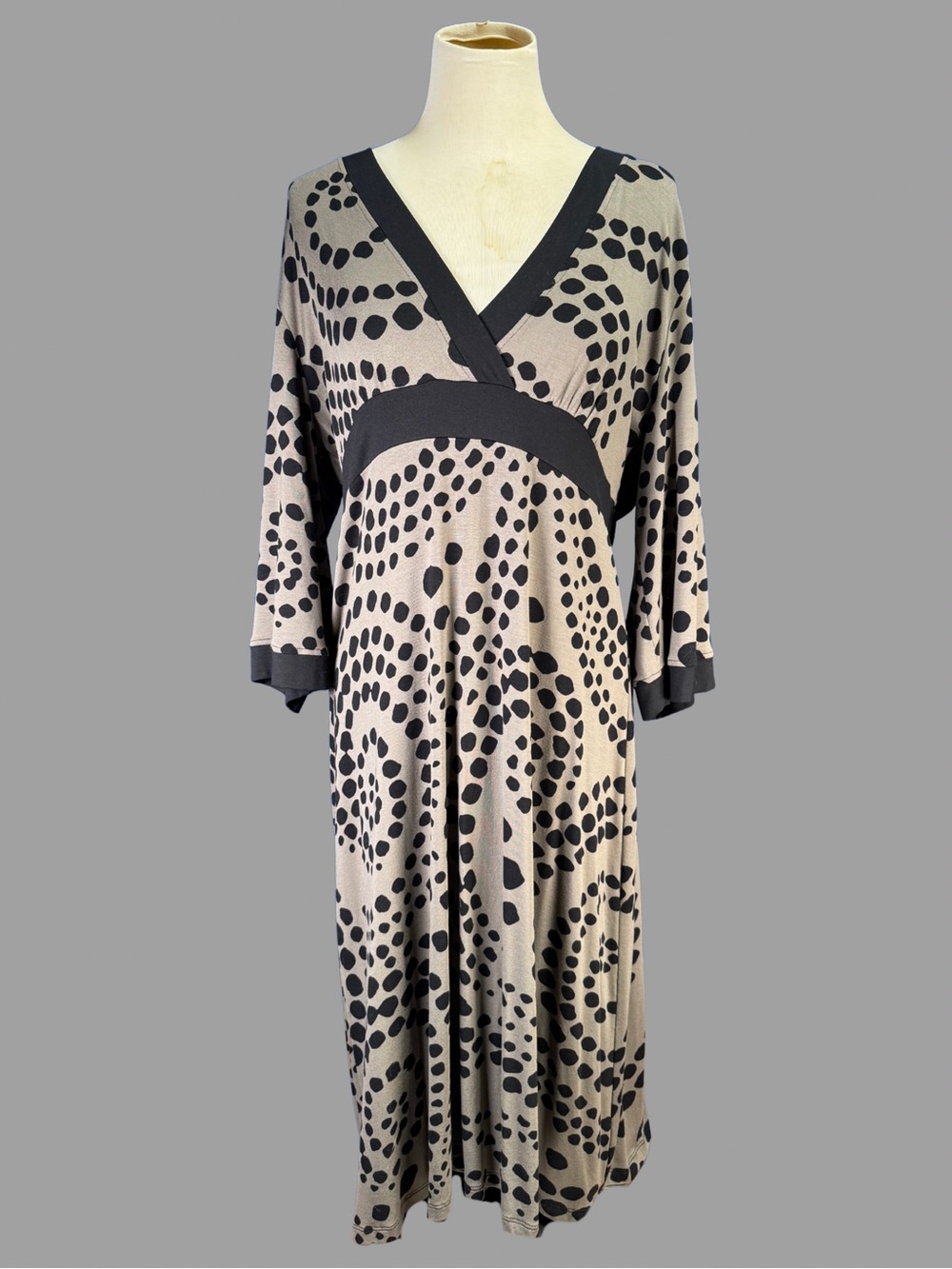 Athleta Empire Waist Faux Wrap Surplice Polka Dot Beige & Black 3/4 Sleeve Dress